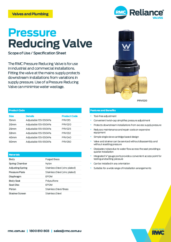 Pressure Reducing Valves Adjustable RMC Reliance Valves